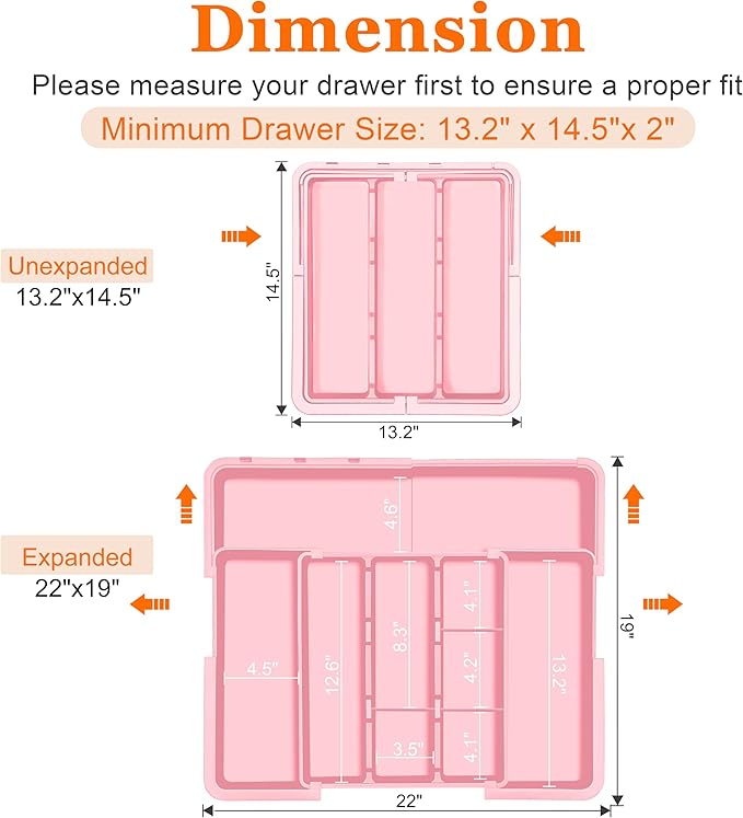 Large Utensil Drawer Organizer Expandable Silverware Organizer for Kitchen Drawer Adjustable Cooking Utensil Holder Cutlery Flatware Tray Spatula Tools Gadgets Storage Dividers Plastic Pink