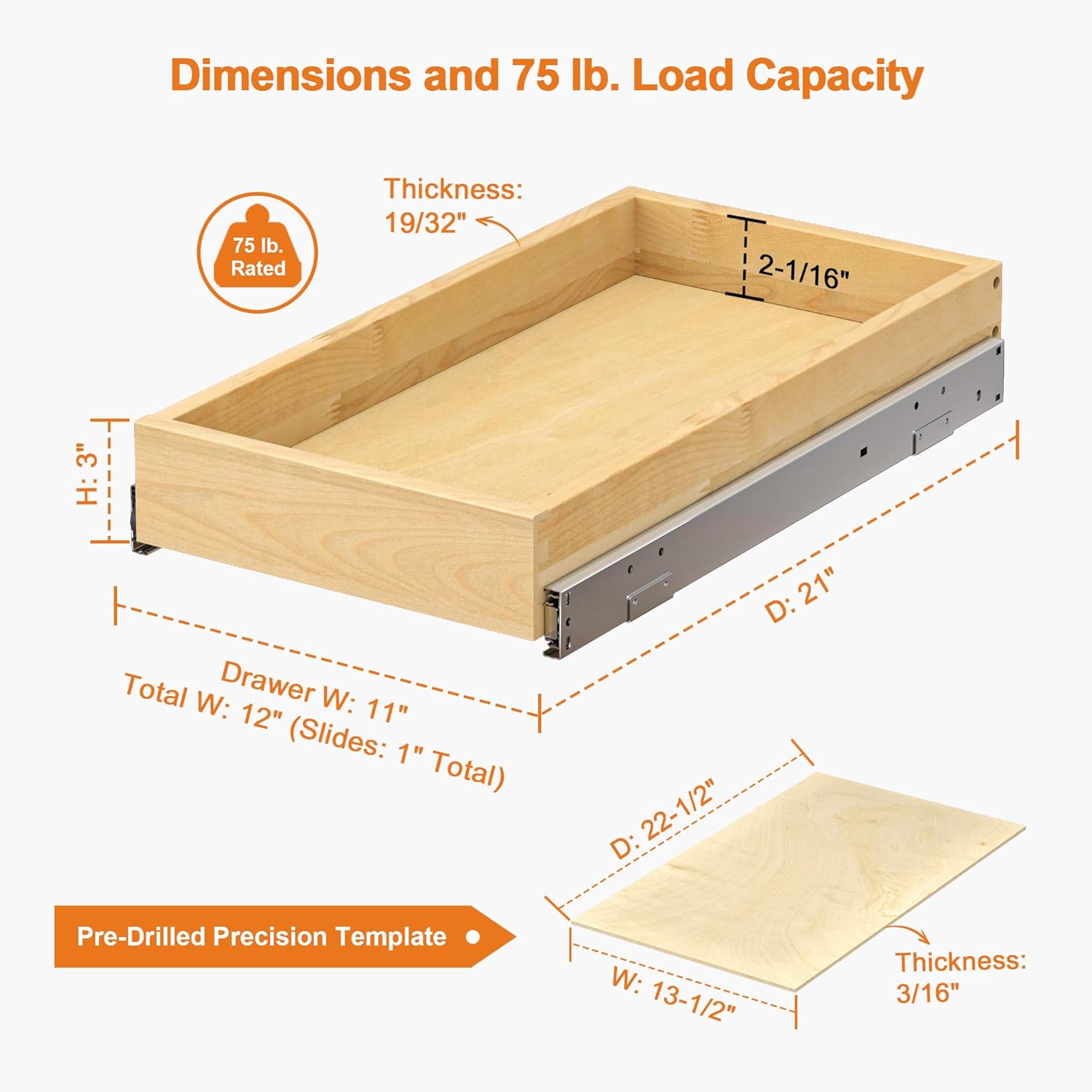 ALINE FURNITURE Pull Out Drawers for Cabinets Birch Wood, 12" W X 21" D Soft Close Slide Out Shelves for Kitchen Cabinets, Pullout Drawer for Pantry Cabinet Organizer