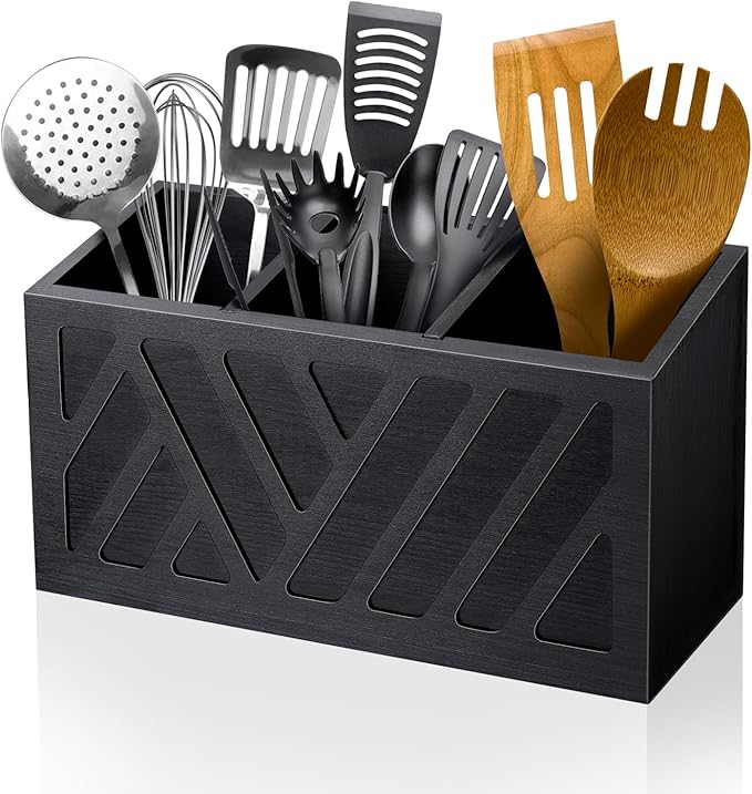 Utensil Holder Caddy with 3 Compartments, Wooden Flatware Cutlery Storage Organizer Box Countertop for Silverware Fork Spoon Spatula