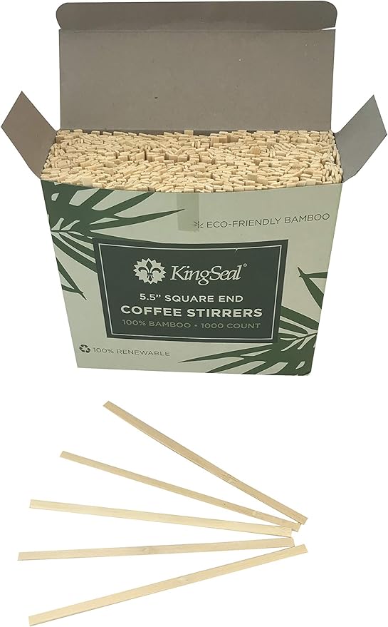2000 Count | KingSeal Bamboo Coffee Stirrers, Stir Sticks, 5.5 inches, Square End, 100% Renewable and Biodegradable - 2 Boxes x 1000 Stirrers
