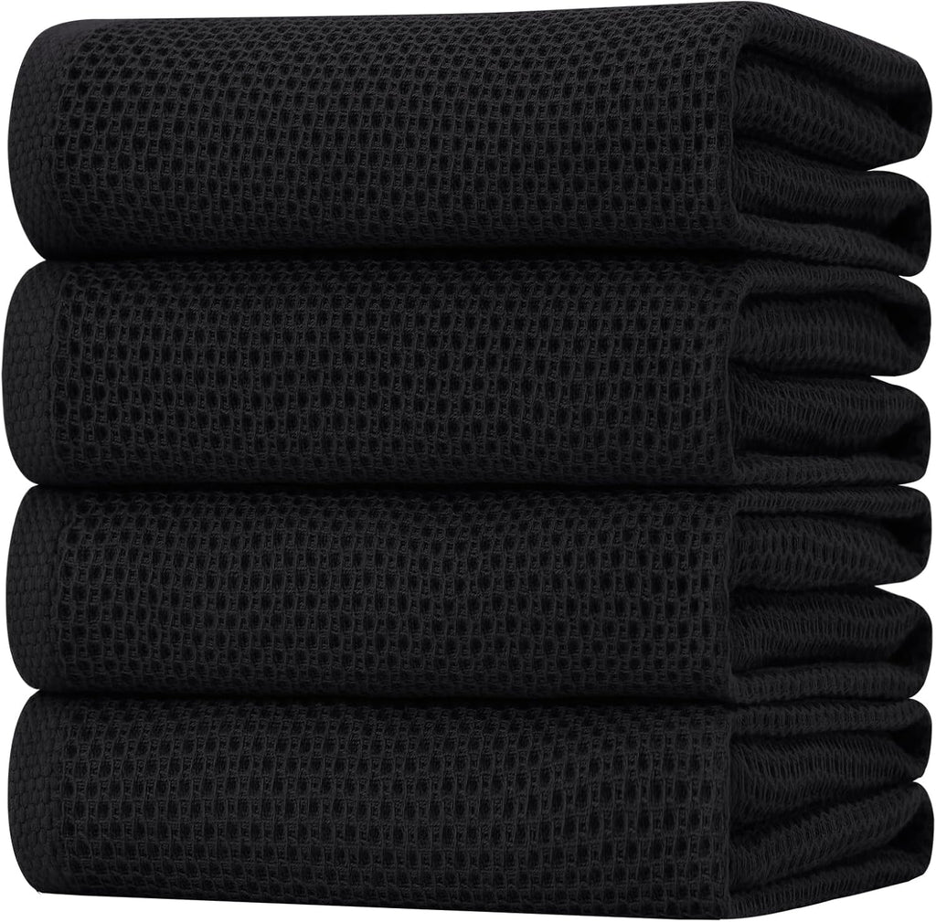 Homaxy 100% Cotton Oversized Waffle Weave Kitchen Dish Towels, Ultra Soft Absorbent Quick Drying Cleaning Towel, 20 x 28 Inches, 4-Pack, Black
