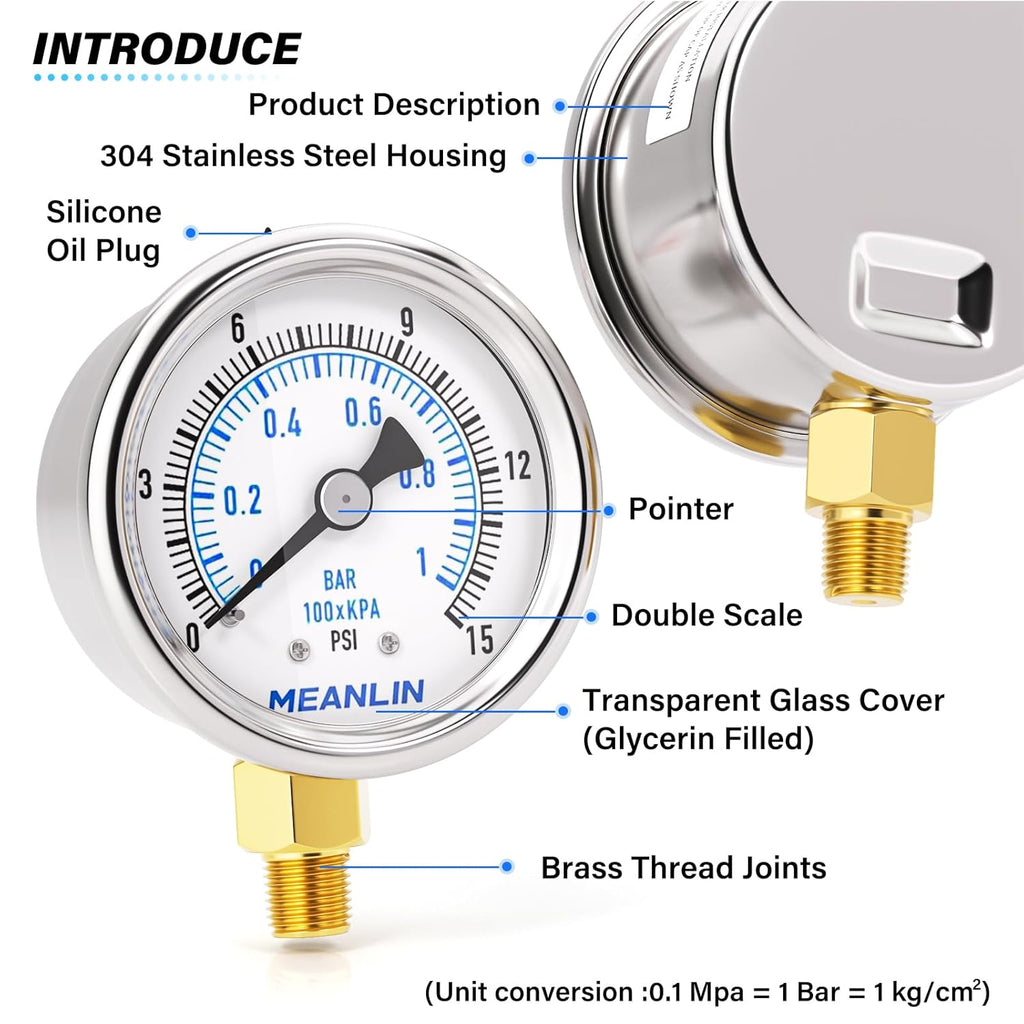 MEANLIN MEASURE 0~15Psi Dry Low Pressure Gauge Stainless Steel 1/" NPT 2" FACE DIAL Waterproof for Water Oil Air Well Pump Tank Tire Pressure Test Lower Mount, with 1/4" NPT and 3/8" NPT Hex Bushing