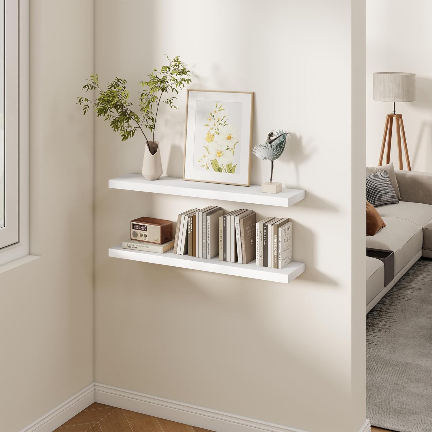 Fun Memories Rustic Real Wood Floating Shelves, 8 Inch Deep Floating Shelf Wall Mounted, 36" W x 8" D Wall Shelves Storage Shelves for Living Room, Bedroom, Bathroom, White Finish, Set of 2