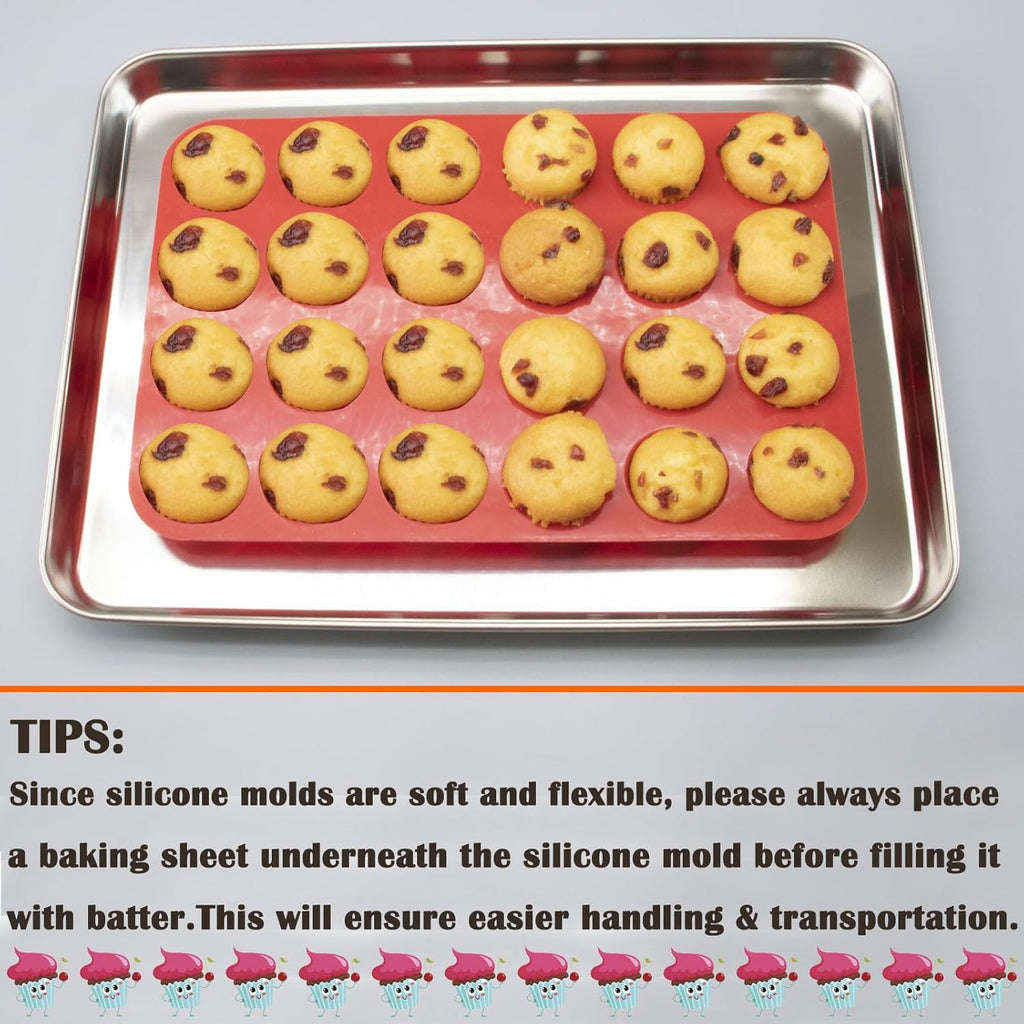 24 Cups Silicone Mini Muffin Pan Set, Nonstick Mini Cupcake Pans, BPA Free Small Muffin Tin for Baking, Set of 2 (Red+Red)