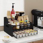 Homode 3-Tier Coffee Bar Organizer, 8 Bottle Syrup Stand with 35 Coffee Pod Storage Drawer, Rustic Wood & Metal Countertop Liquor Bottle Holder for Kitchen, Black