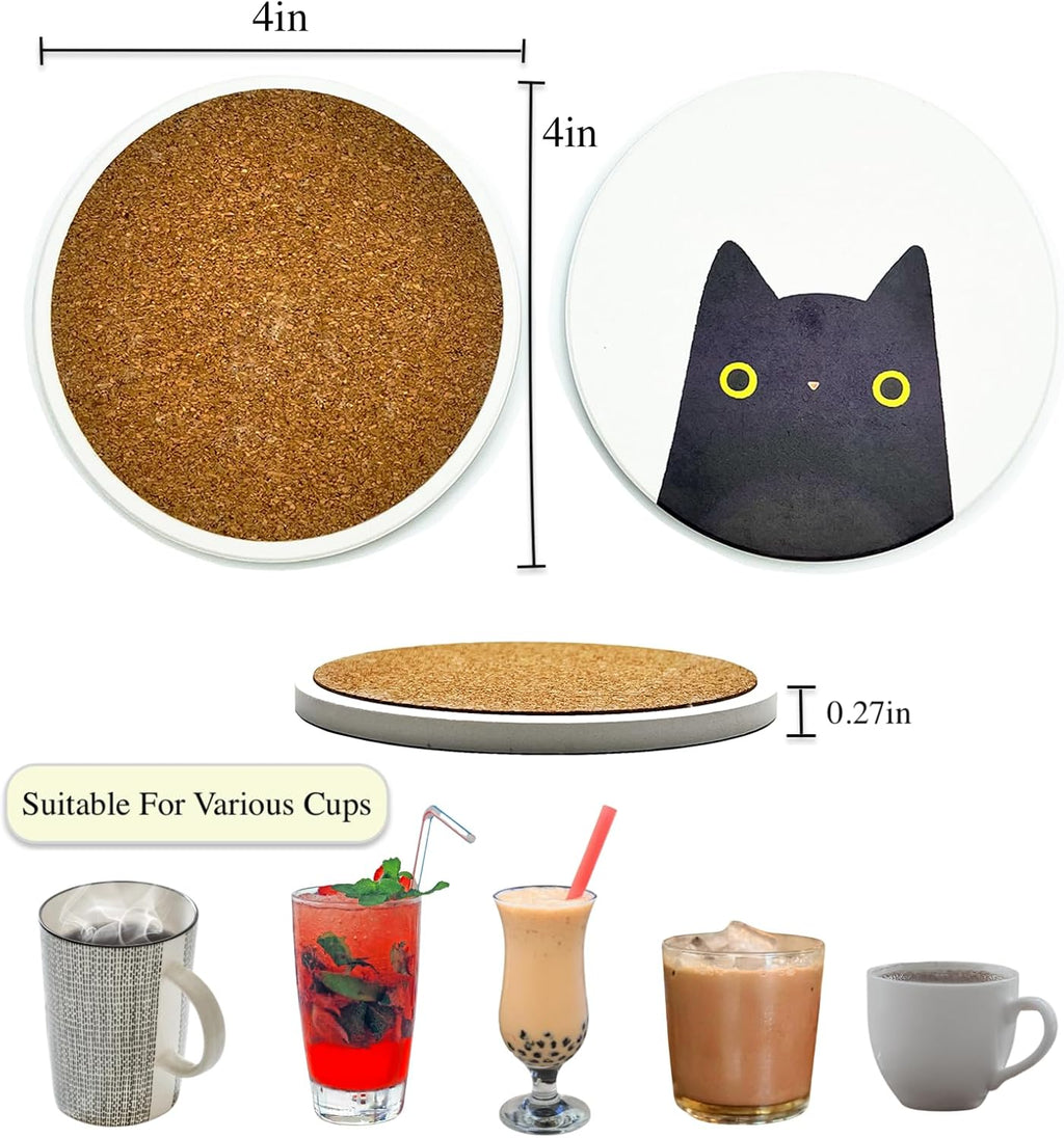 Coasters Set of 6 Round Ceramic Stone Absorbent Cute Cat Drinks Coasters for Cups and Mugs, Coffee Table, Office Desk, Outdoor Patio Table, Tabletop Surface Protection