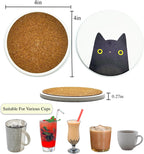 Coasters Set of 6 Round Ceramic Stone Absorbent Cute Cat Drinks Coasters for Cups and Mugs, Coffee Table, Office Desk, Outdoor Patio Table, Tabletop Surface Protection