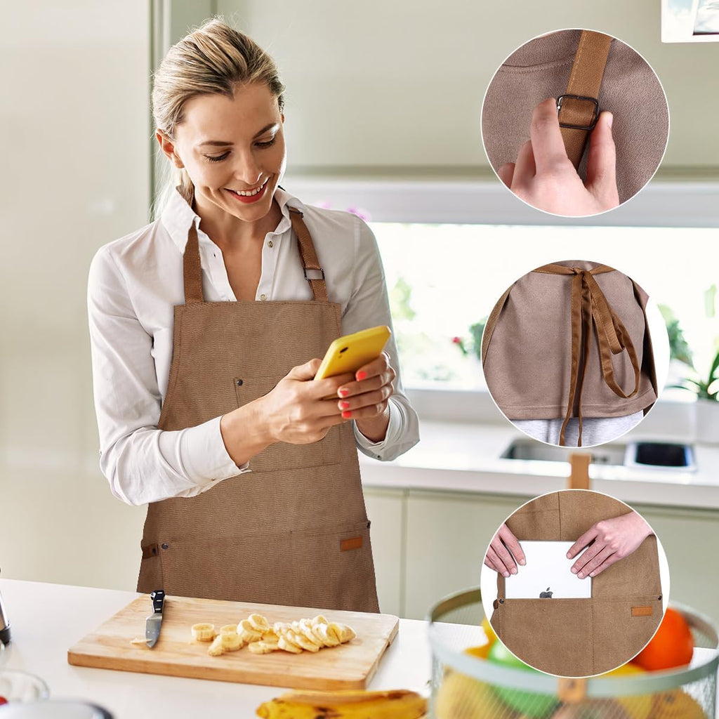 Chef Cooking Aprons for Men Women Thickened Canvas Cotton Apron with 4 Pockets for BBQ Work Kitchen（Brown）