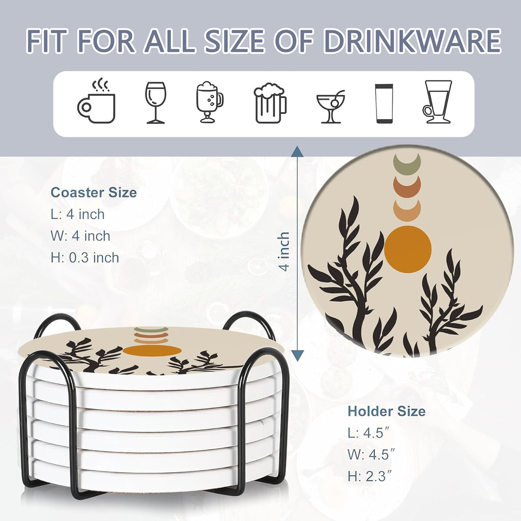 Drink Coasters Set of 6 with Holder, Abstract Boho Sun Leaves Absorbent Ceramic Coasters with Cork Base,Fit All Cups,Great Gift for Housewarming,Room Decor,Bar,Holiday Party