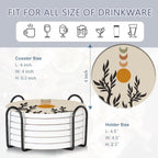 Drink Coasters Set of 6 with Holder, Abstract Boho Sun Leaves Absorbent Ceramic Coasters with Cork Base,Fit All Cups,Great Gift for Housewarming,Room Decor,Bar,Holiday Party