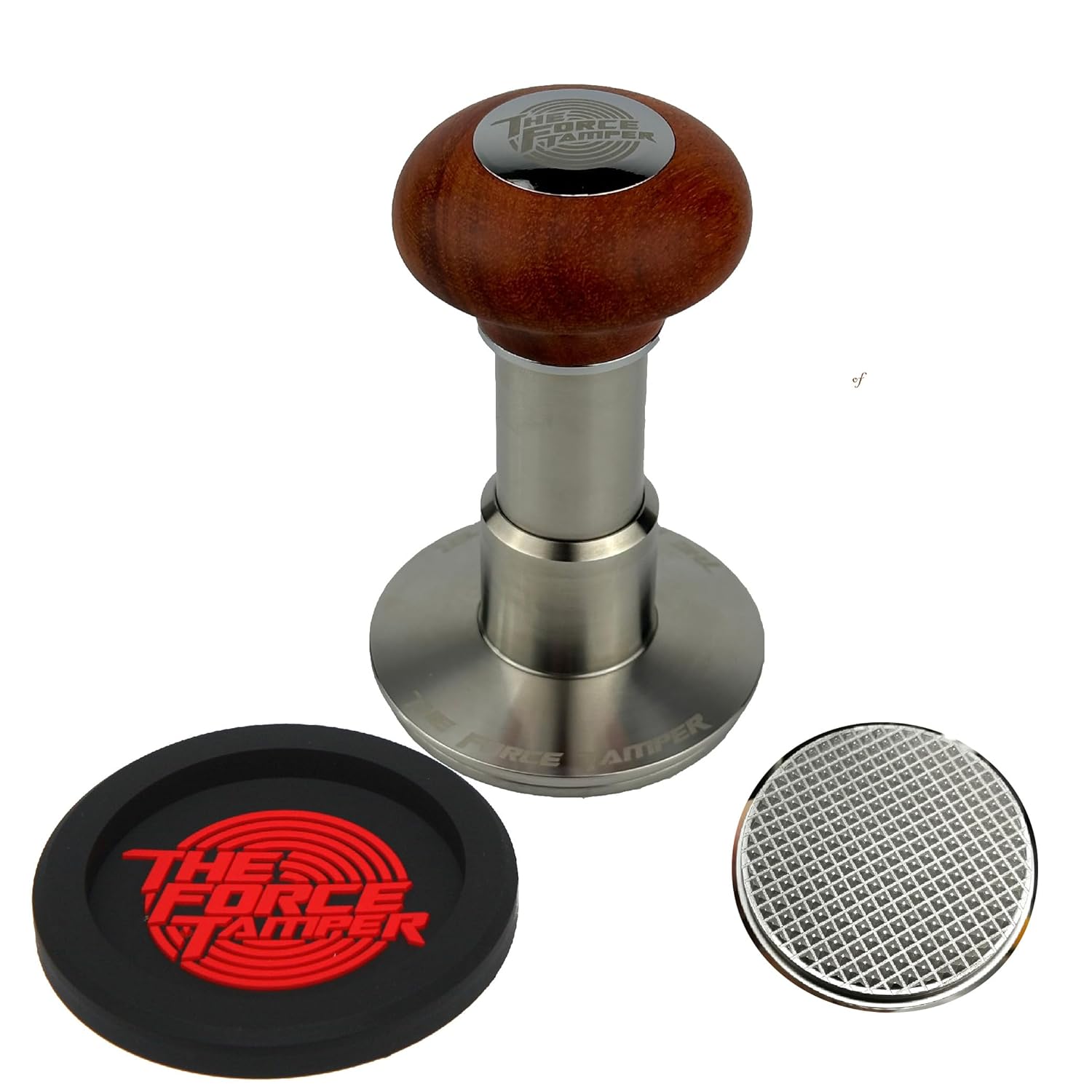 The Force Tamper Automatic Impact Adjustable Constant Pressure and Autoleveling Coffee Tamper Reddish Brown Jellyfish Wooden Handle Set Pro (Waffle-Set, 58.35mm)
