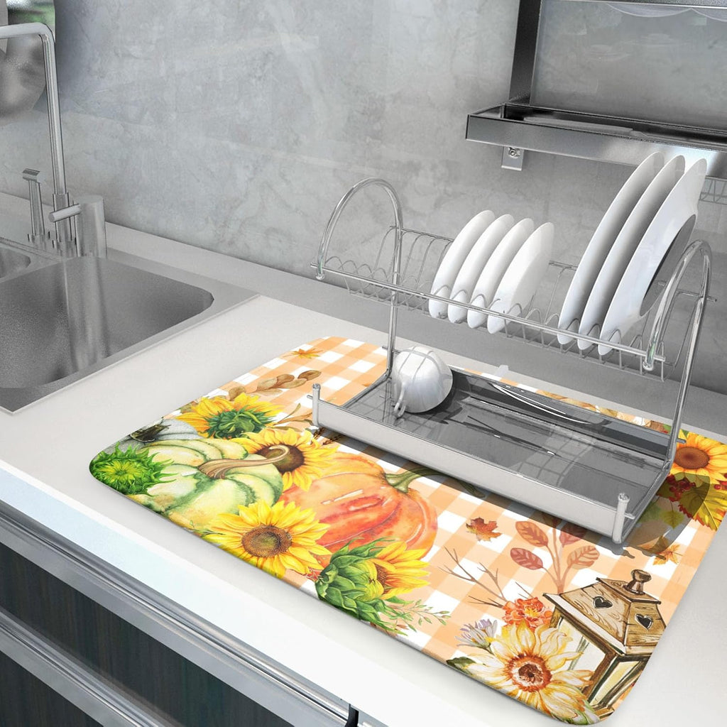 Autumn Maple Leaf Orange White Check Plaids Dish Drying Mat for Kitchen Counter,Fall Sunflower Pumpkin Drying Mat 18 x 24 Inch with Absorbent Reversible Microfiber Dish Drying Pad for Coffee Bar