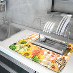 Autumn Maple Leaf Orange White Check Plaids Dish Drying Mat for Kitchen Counter,Fall Sunflower Pumpkin Drying Mat 18 x 24 Inch with Absorbent Reversible Microfiber Dish Drying Pad for Coffee Bar