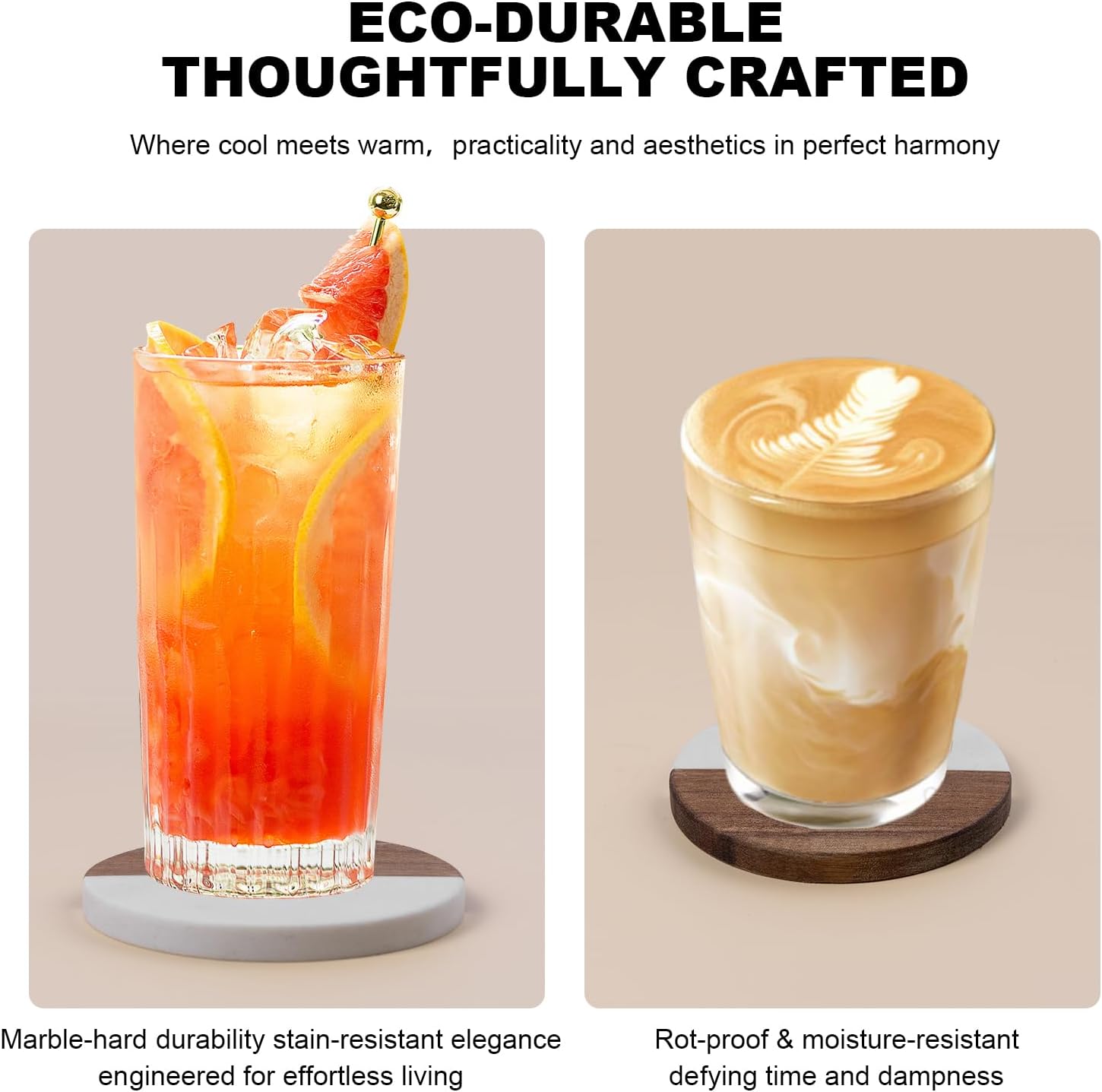 Marble Coasters: 4-Piece Set of Acacia Wood Marble Coasters, Suitable for Kitchens, Offices, and can be Used as Gifts (Round White)