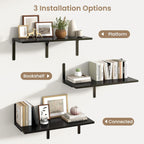Fun Memories Floating Shelves for Wall, 12 Inch Deep Floating Shelves Set of 2, Wall Mounted Shelf with Metal Brackets, Rustic Wood Wide Shelf for Bathroom, Kitchen and Living Room, Black, 32W x 12D