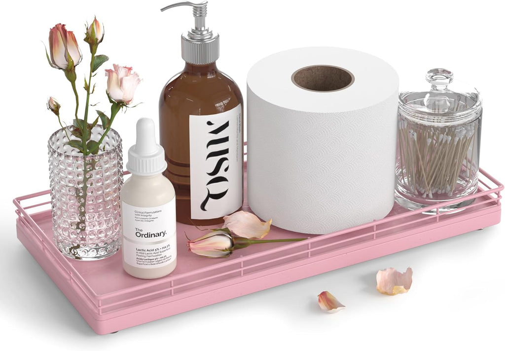 Oak Bathroom Toilet Tank Tray, 13" Wood Storage Basket, Back of Toilet Basket Organizer for Perfume Makeup Candle Kitchen Counter Coffee Table Pink Decor