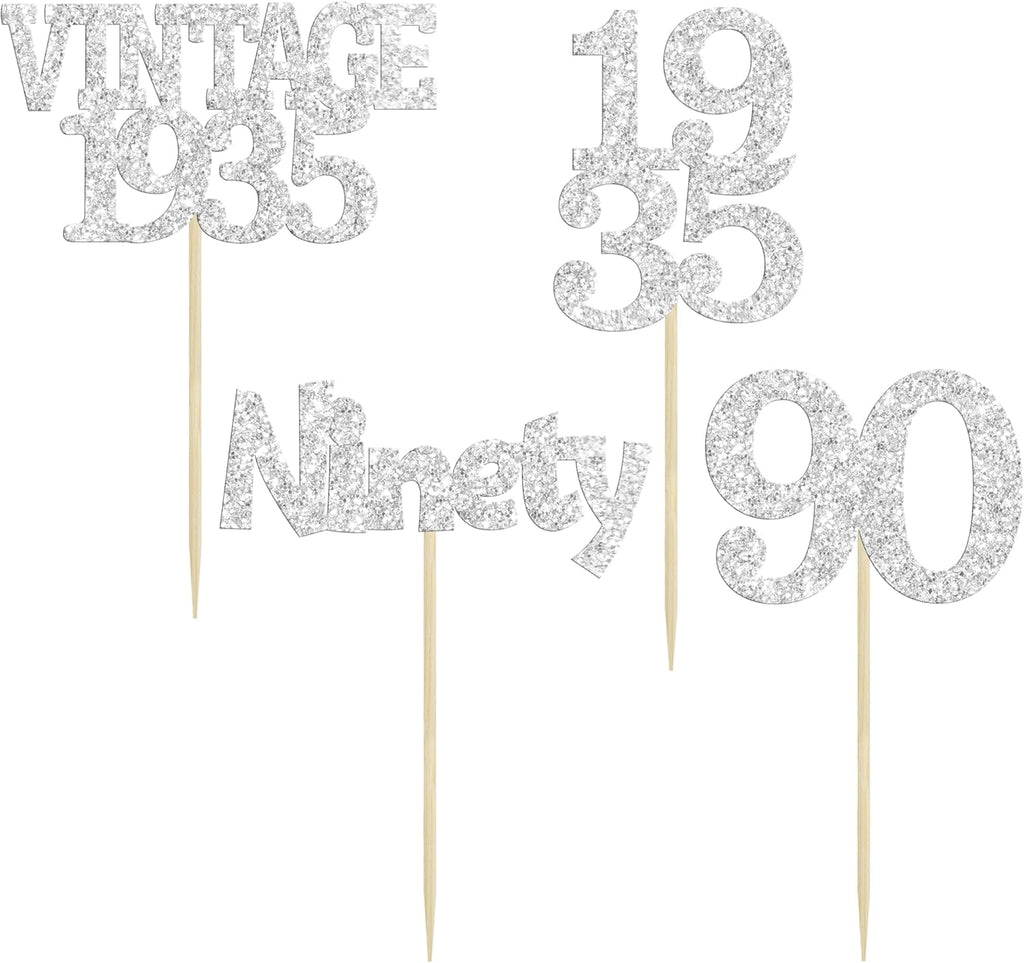 Gyufise 24Pcs 90th Birthday Cupcake Toppers Glitter Cheers to 90 Fabulous Ninety Vintage 1935 Cupcake Picks 90th Birthday Wedding Anniversary Party Cake Decorations Supplies Silver