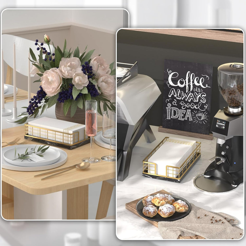 Wican Marble Guest Towel Holder Tray for Bathroom, Napkins Holder for Powder Room Dinning Table Wooden Basket for Disposable Paper Hand Towels Gold and Marble Black