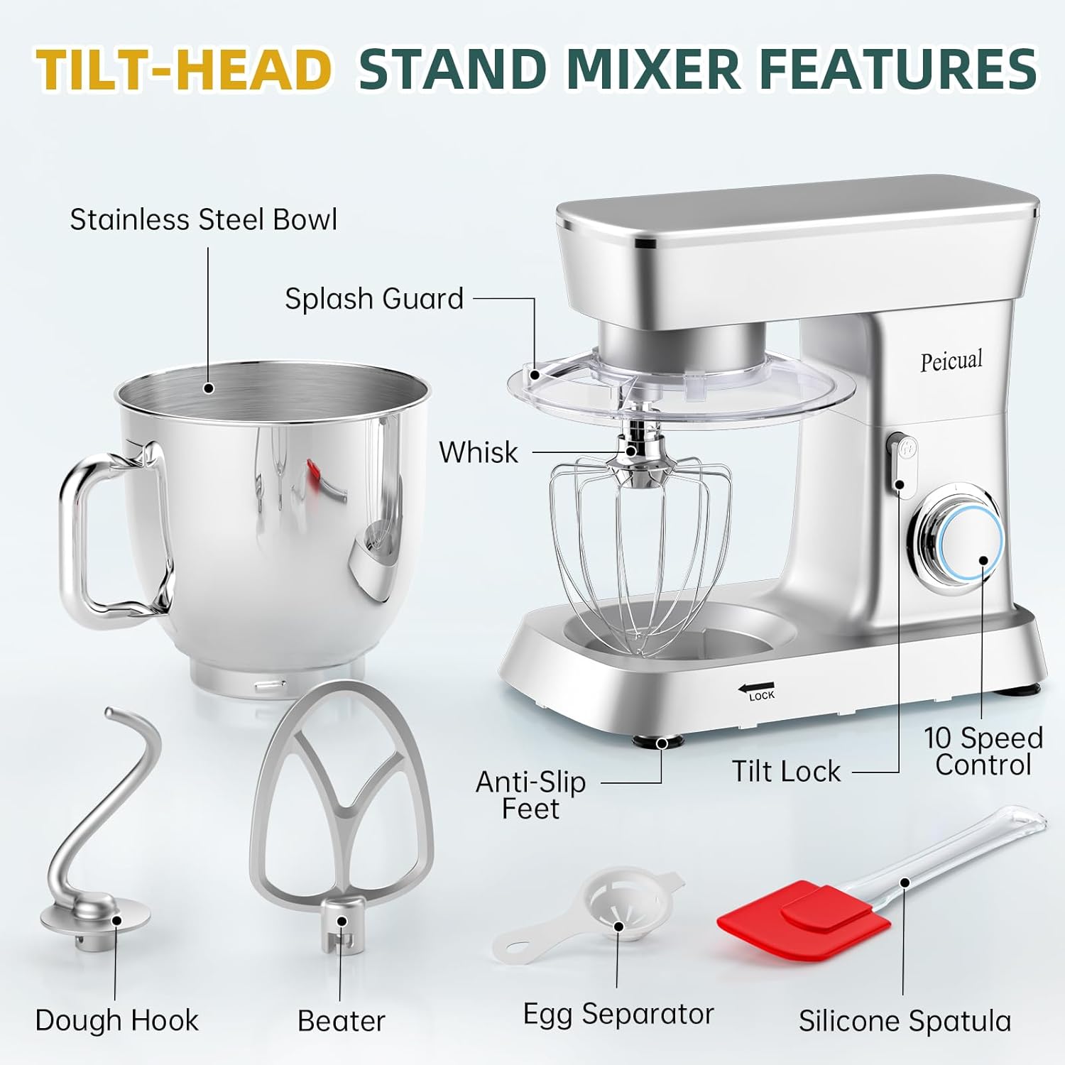 Stand Mixer, 6QT 10+P Speed Tilt-Head Kitchen Electric Mixer, Food Mixer with Stainless Steel Bowl, Dough Hook, Flat Beater, Wire Whisk, Splash Guard for Daily Use - Silver