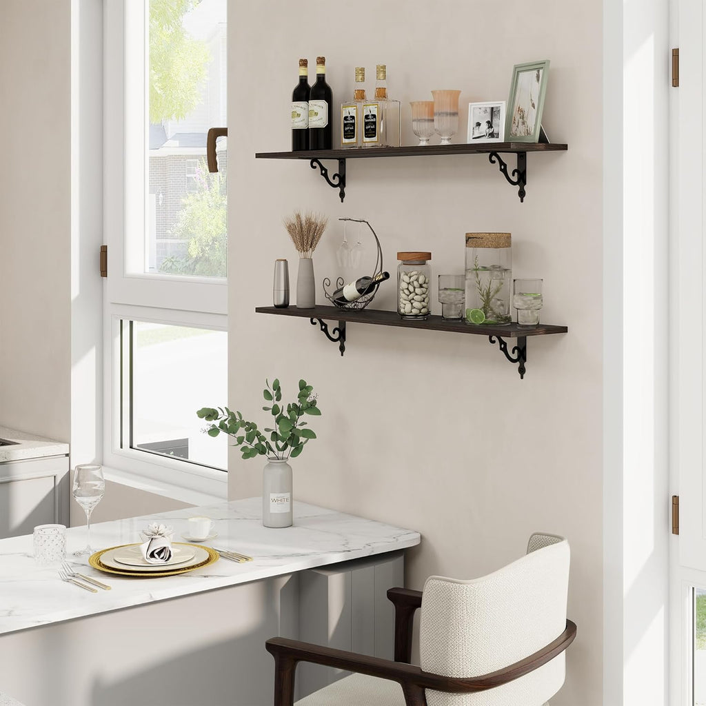 RICHFOCUS Floating Shelves for Wall Decor, 39.4W x 8D Wall Shelves Set of 2, 8 Inch Deep Rustic Wood Shelves Wall Mounted with Brackets, Long Floating Shelves for Living Room Bedroom Kitchen, Black