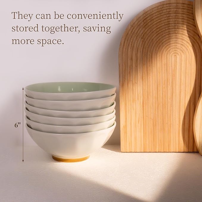 Large Pasta Bowls Set of 6, 29 oz Green Porcelain 7 inch, Microwave Oven Dishwasher Safe for Salad Soup