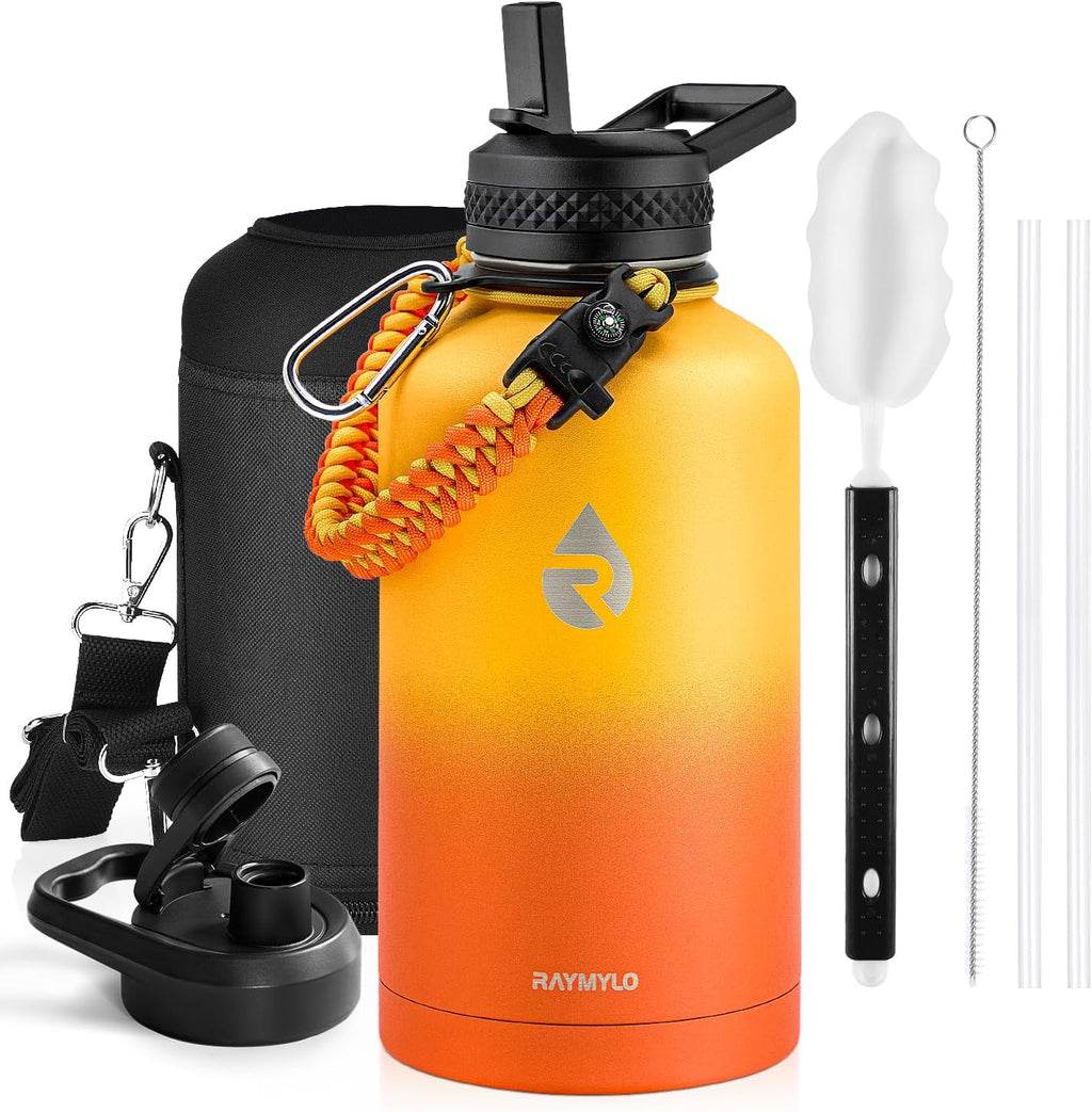 Insulated Water Bottle 64 oz, Triple Wall Vacuum Stainless Steel (Cold for 48 Hrs), Leak Proof & Non-BPA, Half Gallon Water Flask Jug with Paracord Handle & Straw Spout Lids, Ombre Orange
