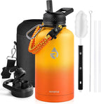 Insulated Water Bottle 64 oz, Triple Wall Vacuum Stainless Steel (Cold for 48 Hrs), Leak Proof & Non-BPA, Half Gallon Water Flask Jug with Paracord Handle & Straw Spout Lids, Ombre Orange