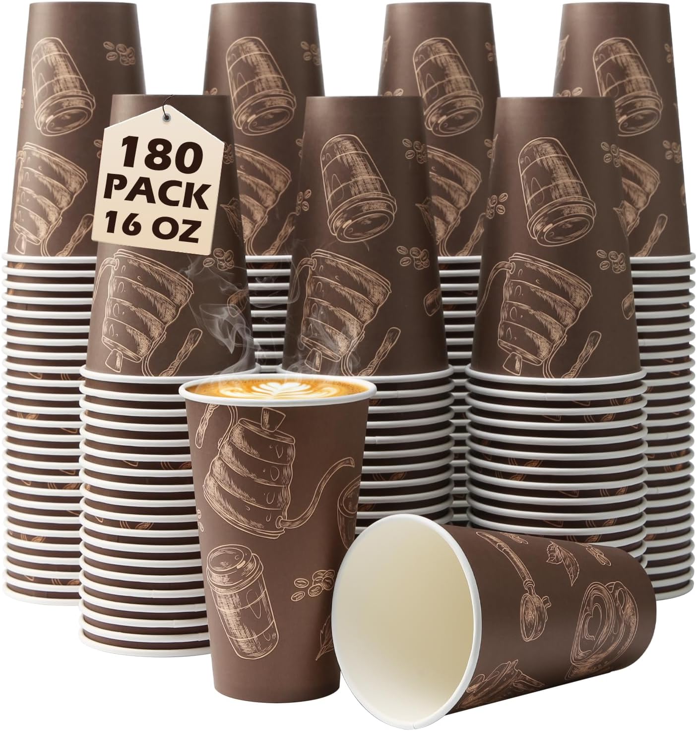 Paper Cups 16 oz 180 Pack, Disposable Coffee Cups, Dispoable Paper Drinking Cup for Coffee, Hot Cups for Party, Picnic, Travel, and Events