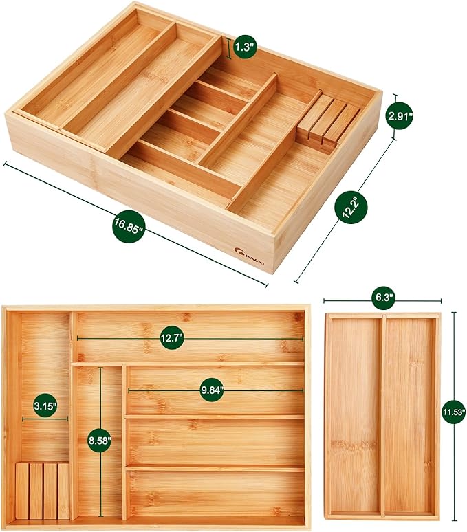 Double Layer Bamboo Kitchen Drawer Organizer Cutlery Utensil Silverware Drawer Organizer, Silverware Tray for Drawer Removable Utensil Holder Flatware Organizer Multi-use Storage Box (L)