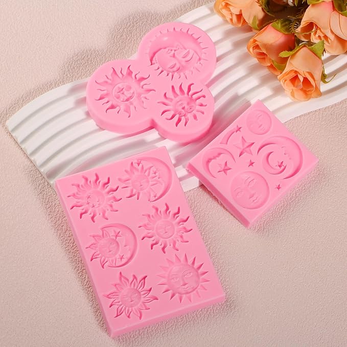 Sun and Moon Face Cake Decoration Fondant Mold 3 Pcs, Greek Mythology Various Chocolate Silicone Molds, for Candy, Biscuits, Mousse, Kitchen Baking, Cupcake Toppers, Modeling Clay, Plaster