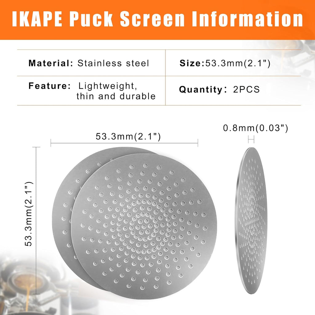 IKAPE 53.3mm Espresso 2pcs Puck Screen, 0.8mm Thickness, Reusable Metal Thin & light Coffee Filters, Food-grade 316 Stainless Steel Coffee Puck Screen for Espresso Baristas