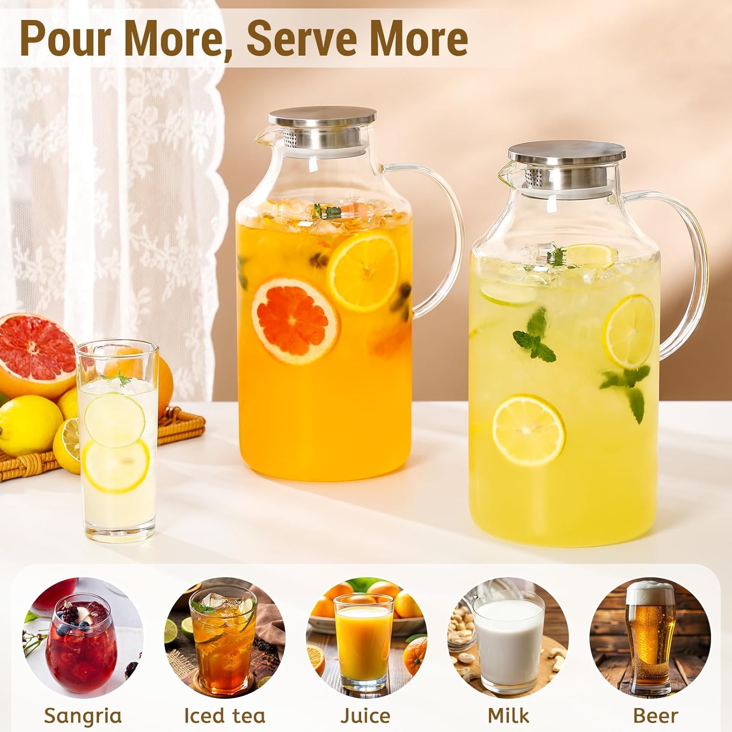 2 Pack 1 Gallon thickened Glass Pitcher with Lid and Spout, Borosilicate Glass Carafe for Hot/Cold Drink, Water Pitchers for Fridge, Extra Large Jug with Handle for Iced Tea, Coffee,Juice, Beverage
