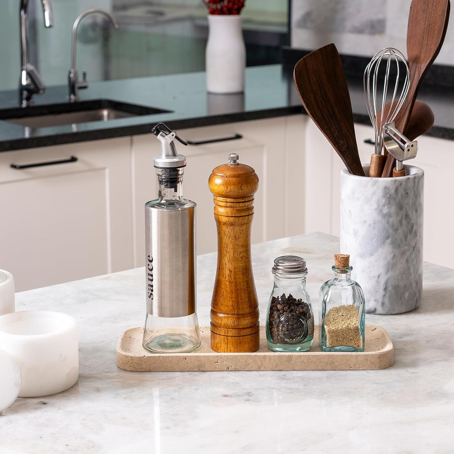 Koville Marble Tray, 12"x8" Marble Vanity Tray for Bathroom Kitchen Countertop, Rectangular Stone Tray for Cosmetics Perfume Trinket, Decorative Catchall Trays (12"x4"-Travertine)