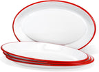 Red Co. Set of 4 Enamelware Metal Classic 13" Serving Oval Tray Platter, Solid White/Red Rim