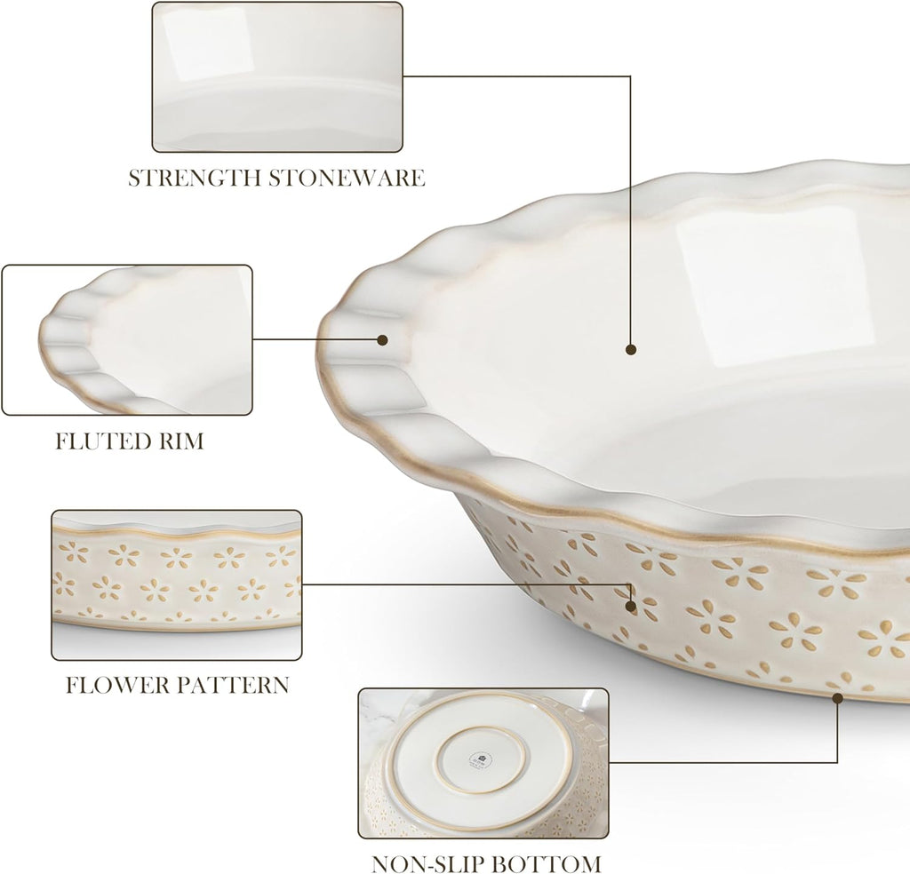 MALACASA Pie Pan, Stoneware Pie Dish for Baking, 45 OZ Deep Dish Pie Pans 9 Inch, Embossed Quiche Baking Dish for Oven, Fluted Dish Pie Plate for Apple Pie, Pot Pie and Quiche, Set of 1, Series LYDIA