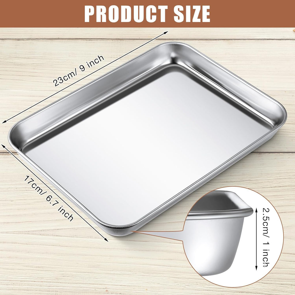 3 Pcs Baking Sheet Pan Set 9 x 6.7 x 1 Inches Cookie Sheet Small Toaster Oven Stainless Steel Tray Barbecue Grill Rectangle Trays, Non-stick, Easy Clean