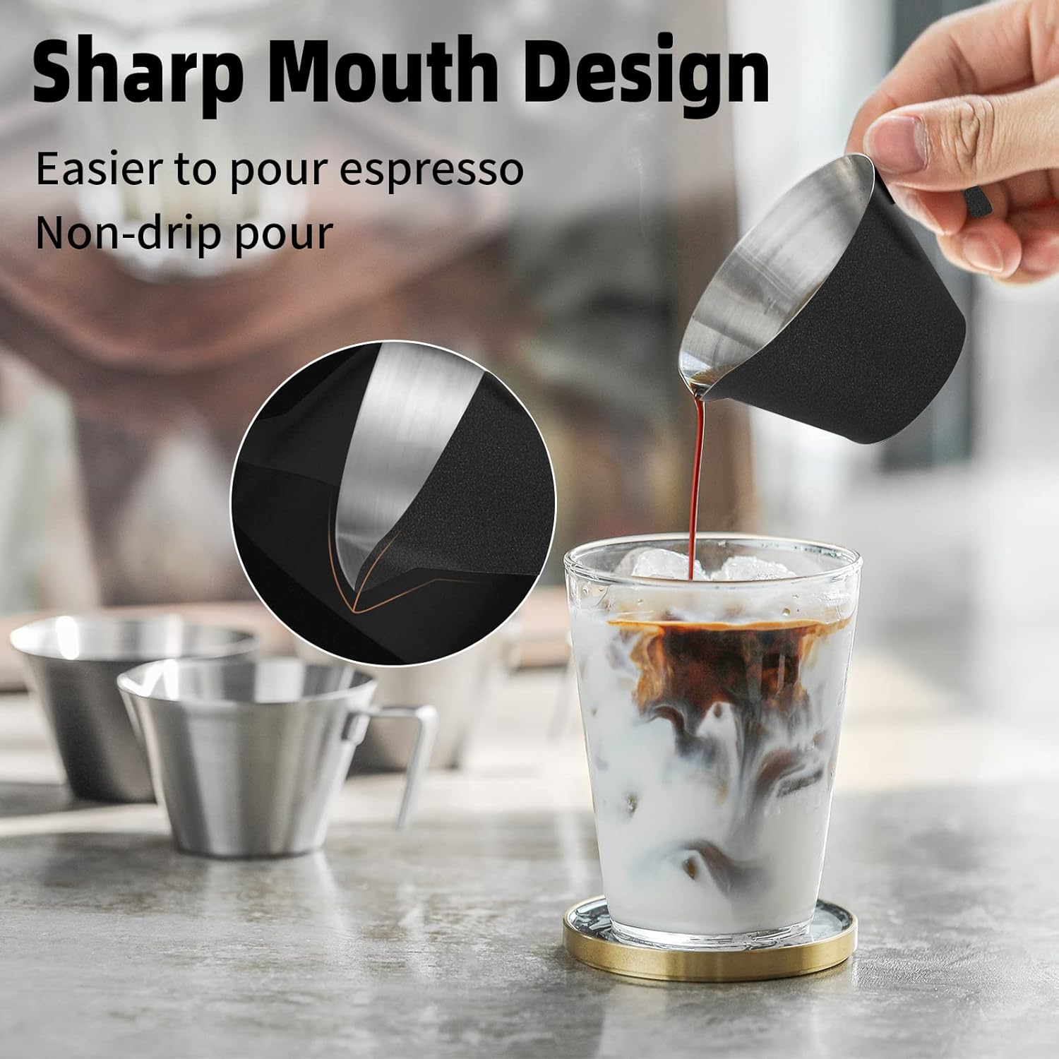 MHW-3BOMBER Espresso Measuring Cup 2oz Espresso Shot Cup Stainless Steel Sauce Cups with Handle for Tomato Sauce|Steak Sauce|Desserts|Beverages (Matte Black) G5141B