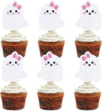 Whaline 48Pcs Halloween Cupcake Toppers Pink Bow Ghost Cupcake Picks Cute Ghost Cake Decorations for Halloween Birthday Party Supplies