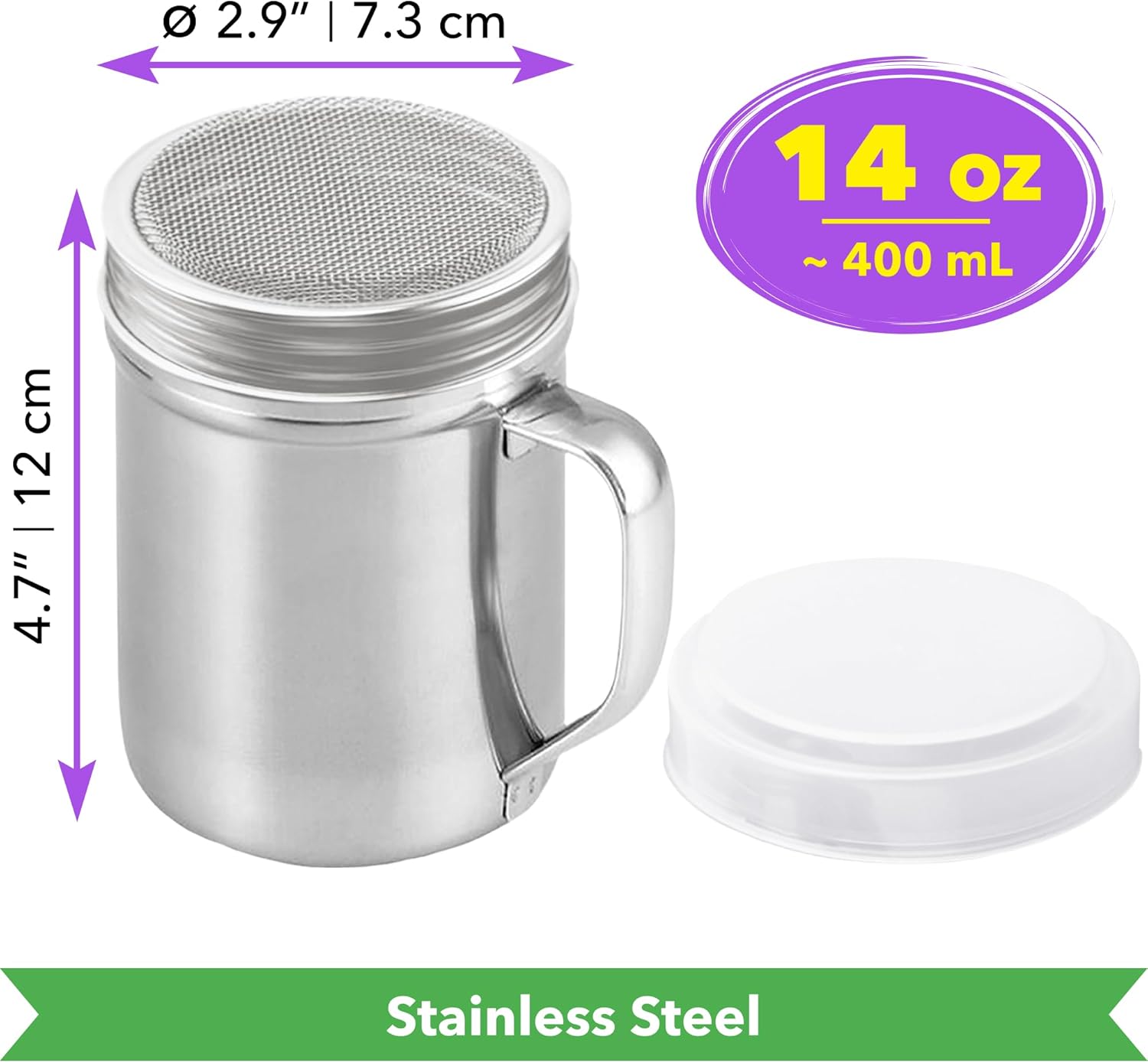 CUSINIUM Large Powdered Sugar Shaker Duster - With Handle - Cinnamon Shaker For Coffee Bar- Fine Mesh Dredge - 14 ounce | Style: Fine