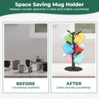 EsLuker.ly Mug Holder Tree, Bamboo Coffee Cup Display Rack with 6 Hooks for Home Kitchen Counter, Wood Mug Stand Station Organizer, Black, A Must-Have for Coffee Lover