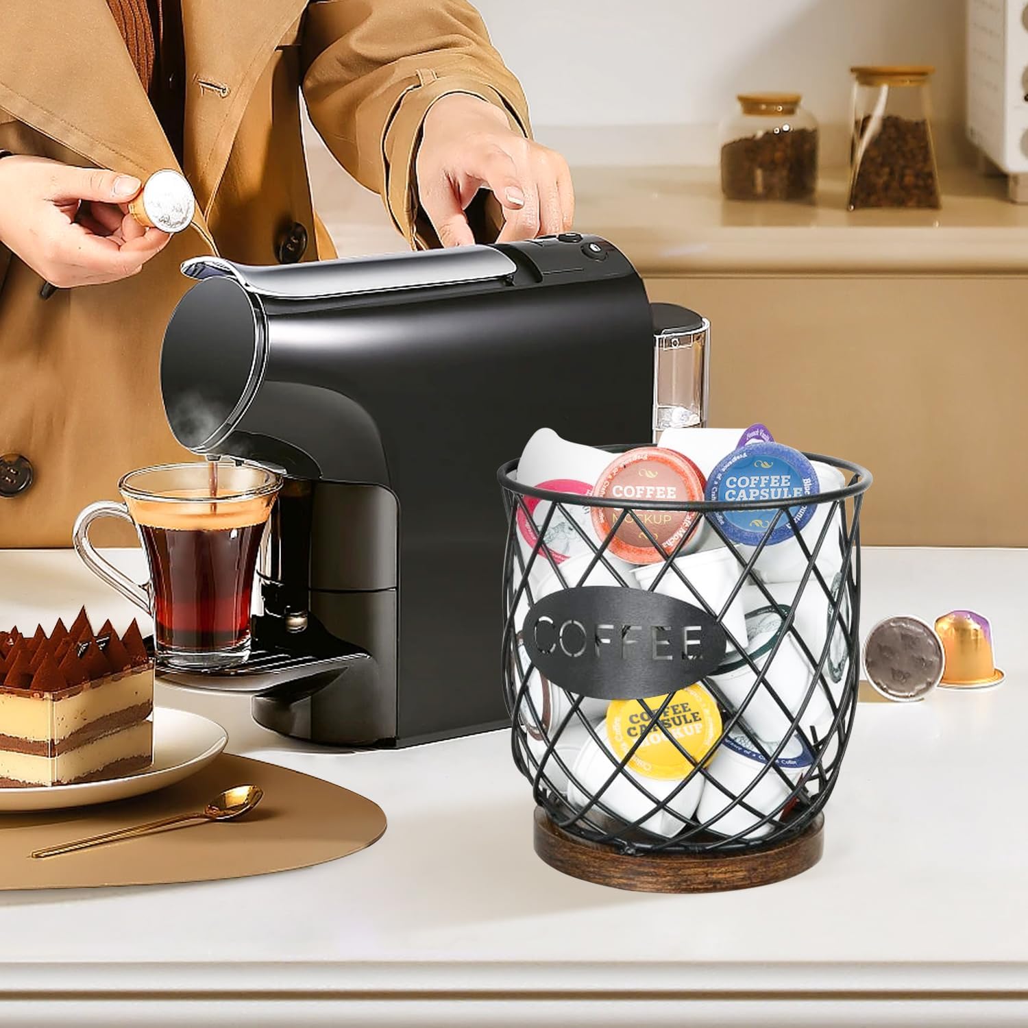 YINMIT K Cup Holder Organizer, Sturdy Coffee Pod Holder Organizer, 35 Kcup Large Capacity Storage Basket for Kitchen Counter and Office Desktop (Circular Grid)