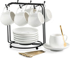 LYEOBOH Espresso Cups with Saucers Set, 3 Ounces Coffee Cups with Metal Stand and Spoons, Ceramic Cappuccino Coffee Cups Demitasse Cups for Espresso, Latte, Cafe Mocha and Tea, Set of 6, White