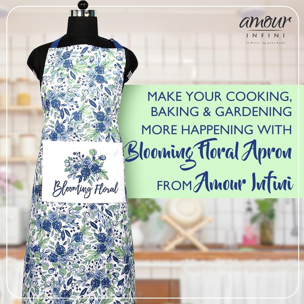 AMOUR INFINI Cotton Aprons for Women with Pocket, Adjustable Strap & Waist Ties - Washable Aprons for Baking, Cooking, Gardening (27.5 x 33 Inches - Blooming Floral)