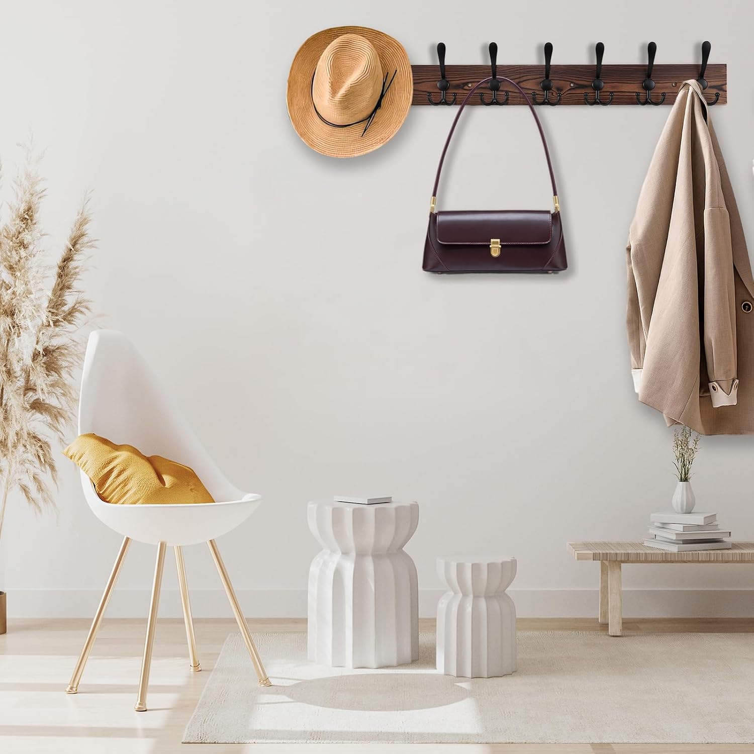 32.2'' Large Coat Rack Wall Mount Coat Hooks Coat Hanger with 8 Metal Black Triple- Hooks Brown Pine Real Wood Plank Hat Rack for Wall Hooks for Hanging Coat Hat Jacket