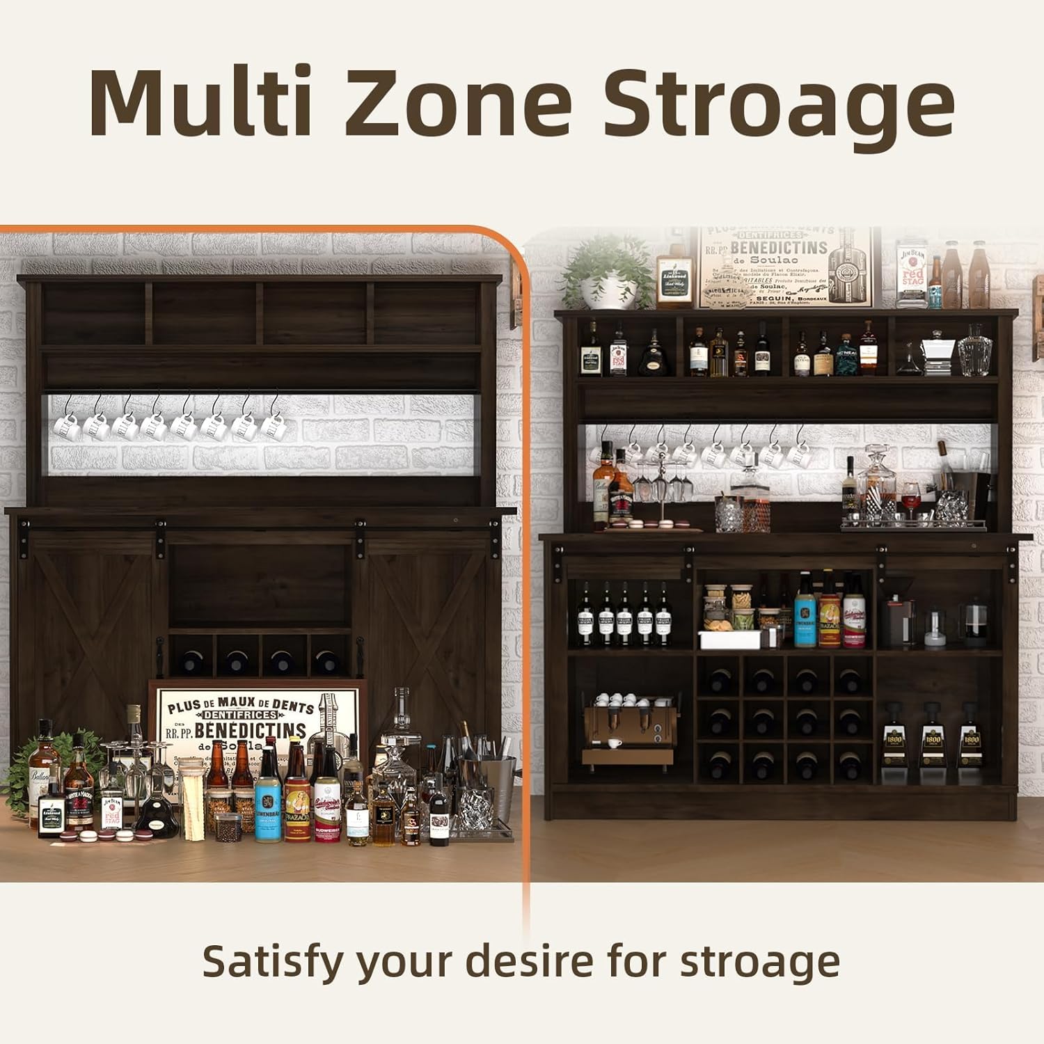 4ever2buy Farmhouse Coffee Bar Cabinet with Storage Hutch, 55“ Wine Bar with 12 Wine Racks and 8 Hooks, Coffee Station with 4 Open Shelves and Sliding Barn Doors for Kitchen, Dining Room, Dark Oak