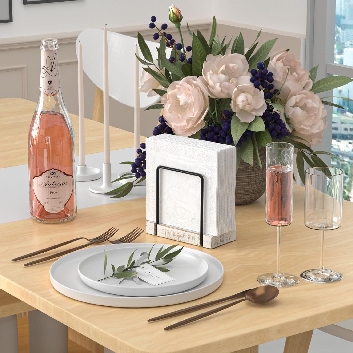 Napkin Holder for Table, Wood Iron Standing Napkin Dispenser for Dining Table Farmhouse Cocktail Picnic Rustic Wood Holders All Kitchen Dining Room Decor Black & Farmhouse White