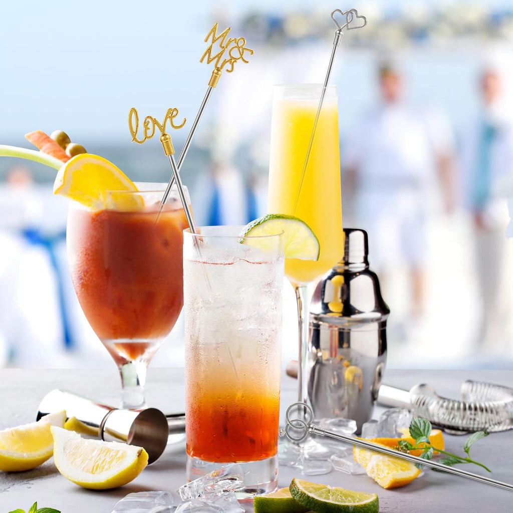 4Pcs Cocktail Stirrers Swizzle Sticks Stainless Steel 7.3" Coffee Stir Sticks with Gold Mr & Mrs,LOVE Shape, for Mixing Cocktail Metal Stir Sticks for Coffee Bar