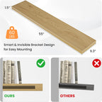 Floating Shelves for Wall, 55"W x 9.3"D x 1.5"H, Long Wooden Wall Mounted Display Shelves with Invisible Brackets for Living Room, Bedroom, Bathroom, Kitchen Decor and Storage, Set of 1, Oak