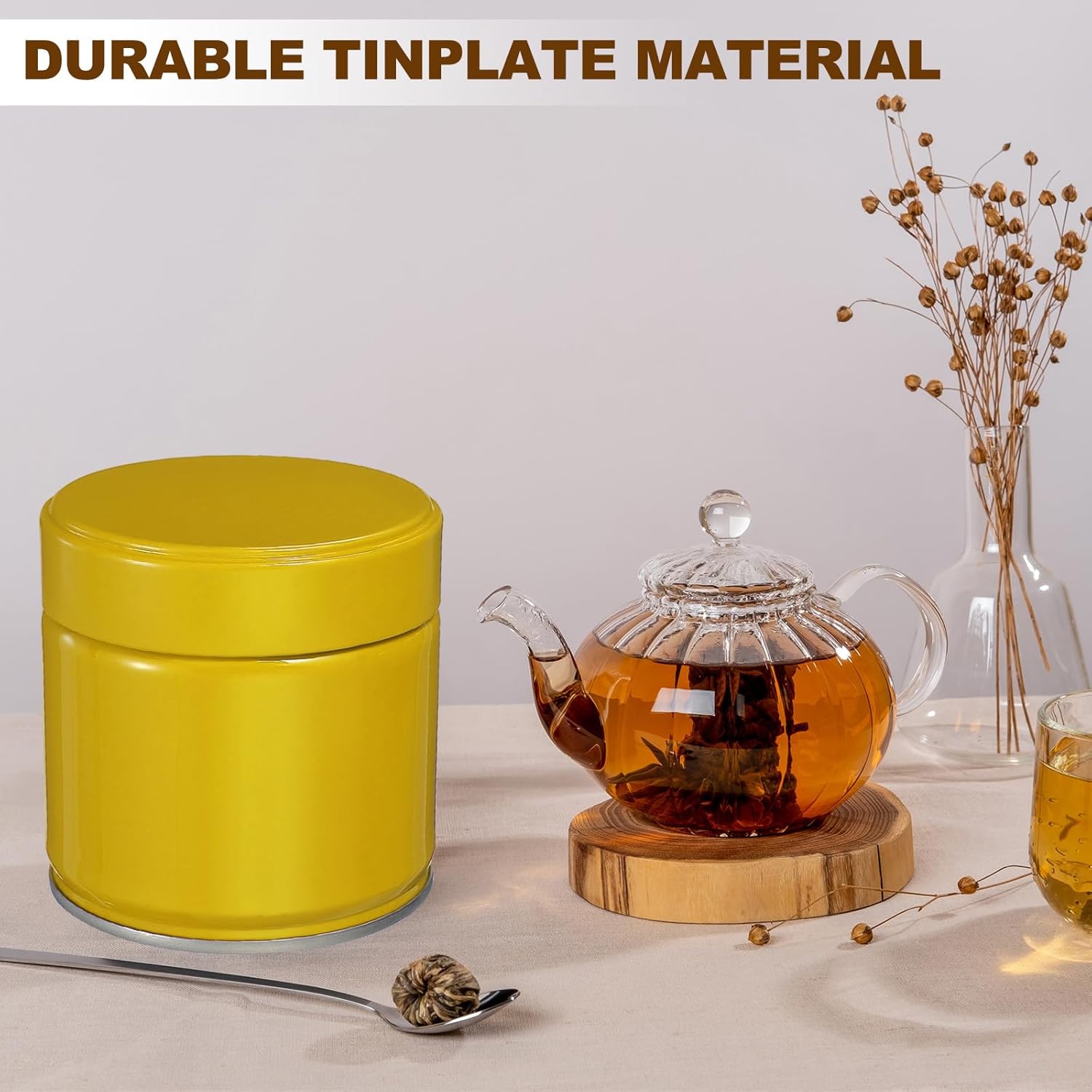 uxcell 2Pcs Round Tea Canisters, 3" x 3" Airtight Metal Tea Containers for Loose Tea, Coffee Beans, Spices - Durable, Compact, and Stylish Storage Tea Tin (Yellow)