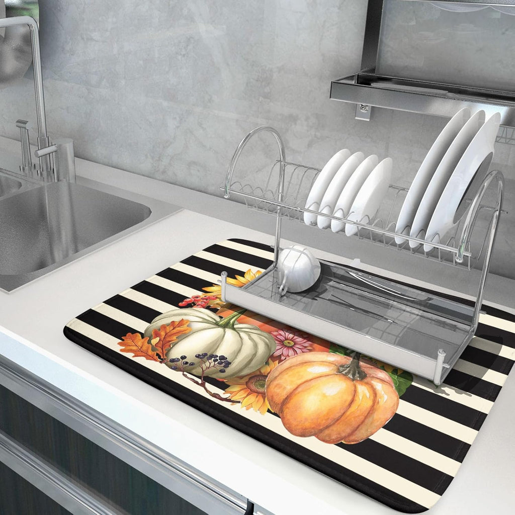 Sunflower Pumpkin Dish Drying Mat for Kitchen Counter,Black and White Stripe Drying Mat 18 x 24 Inch with Absorbent Reversible Microfiber Dish Drying Pad Dish Rack Drainer Mat for Coffee Bar